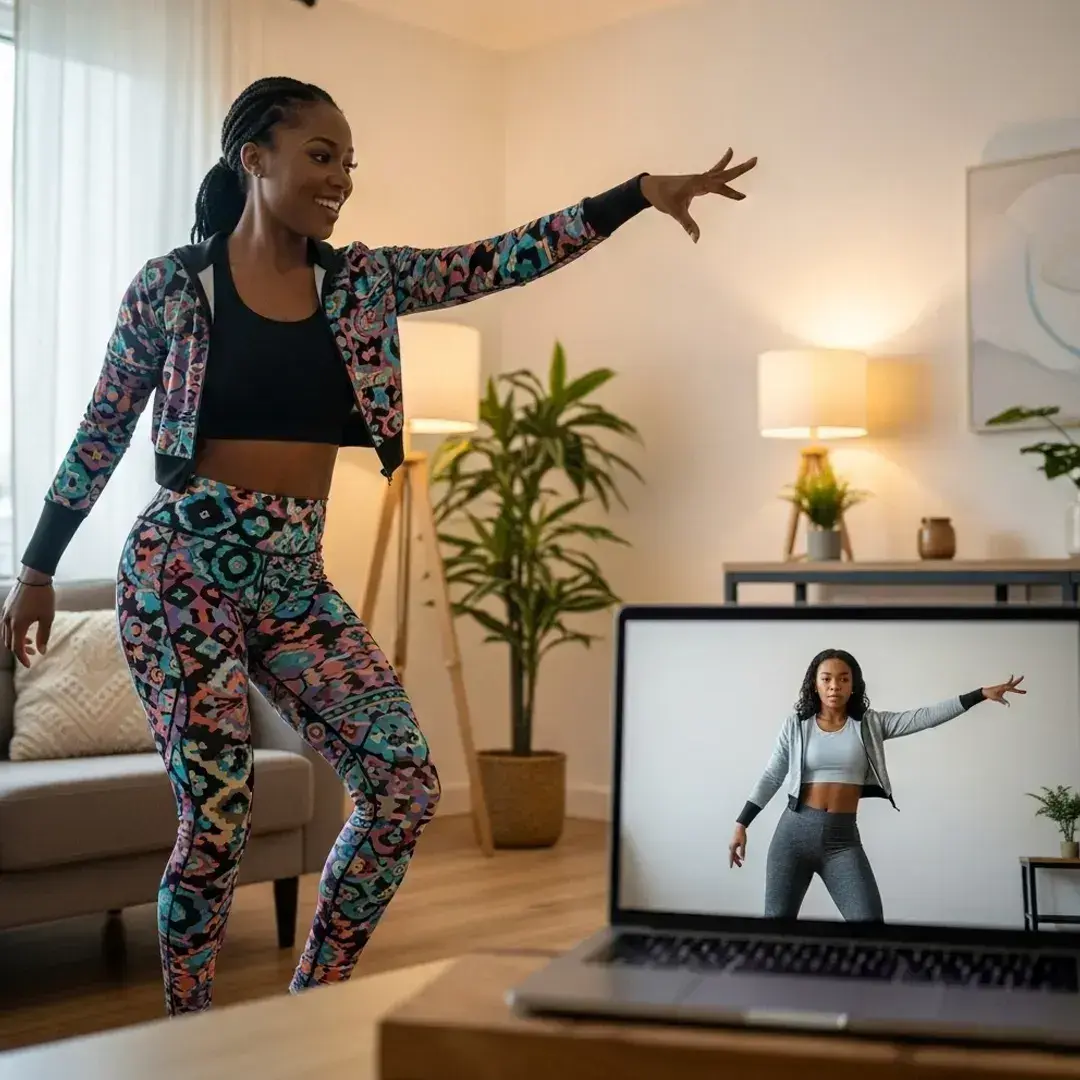 Dancing along to an online salsa class at home